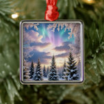 Ornamento De Metal Floresta de inverno de neve, cristais de gelo, luz<br><div class="desc">Este ornamento apresenta uma floresta de inverno nevada à noite com cristais de gelo e auroras no céu. Decoração romântica para sua Árvore de Natal e também uma maravilhosa ideia de presente!</div>