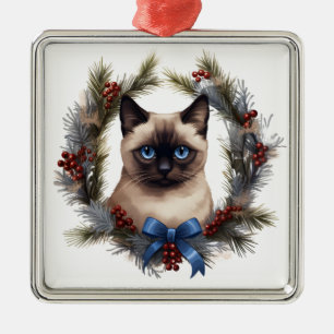 ORNAMENTO DE METAL FLUFFY WATERCOLOR HOLIDAY CHRISTMAS SIAMESTA CAT