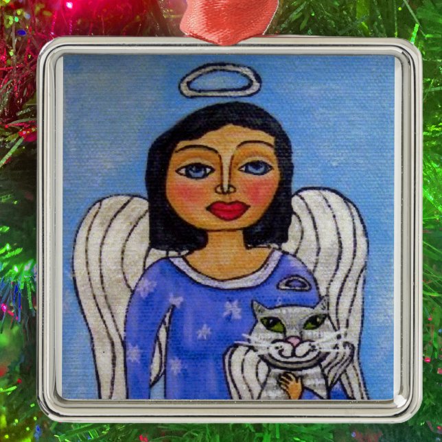 Ornamento De Metal Folk Art Angel Angel Angel (Angel silver halo holding white angel cat on light blue Christmas hanging ornament.)