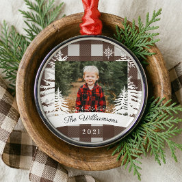 Ornamento De Metal Foto da Família de Pinus Rustic Xadrez Buffalo Bro