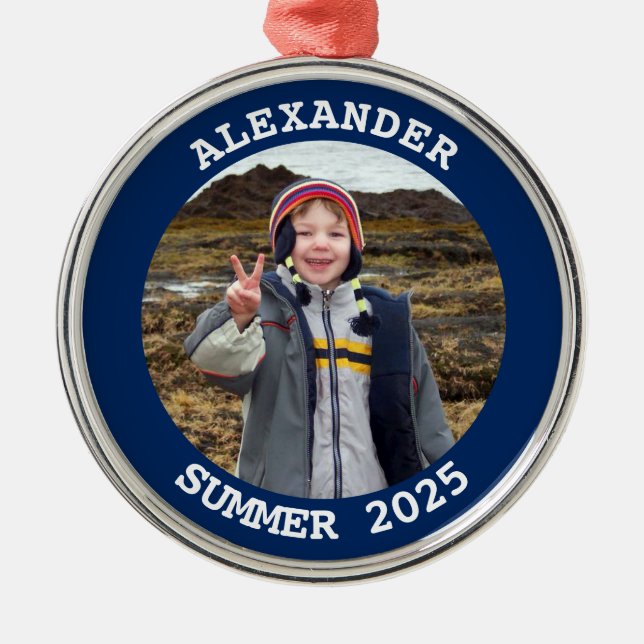 Ornamento De Metal Foto da família redonda personalizada do marinho (Frente)