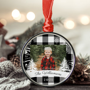 Ornamento De Metal Foto da família rustic Pine Xadrez Buffalo Negra