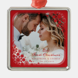 Ornamento De Metal Foto de Casamento de Feriado Moderno de Frame Verm