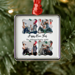 Ornamento De Metal Foto de colagem Script de Feliz ano novo 4 Persona
