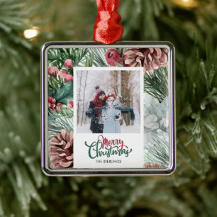 Ornamento De Metal Foto de Família Feliz Natal com Pinheiro Rústico