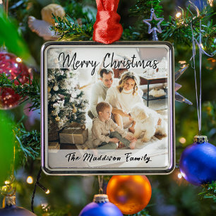 Ornamento De Metal Foto de Família Feliz Natal Script Preto e Branco