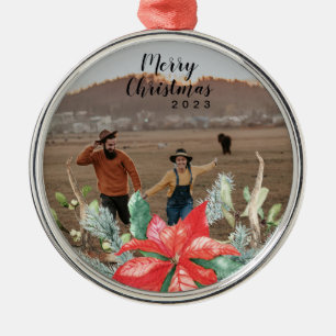 Ornamento De Metal Foto de Férias de Natal Festiva em Verde e Vermelh