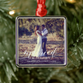 Ornamento De Metal Foto de Natal de Newlyweds Casados e Felizes