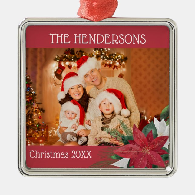 Ornamento De Metal Foto de Natal Poinsettia (Frente)