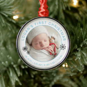 Ornamento De Metal Foto de Primeiro Natal do Bebê com Estatísticas de