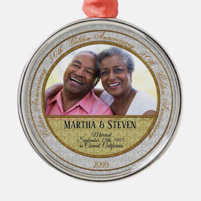 Ornamento De Metal Foto do Damasco de 50 anos do Ouro com nomes (Frente)