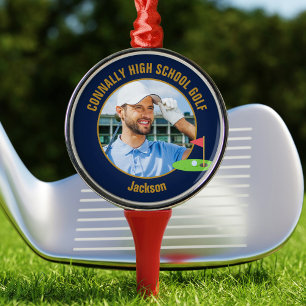 Ornamento De Metal Foto do Golfer Azul Marinho Dourado Equipe de Golf