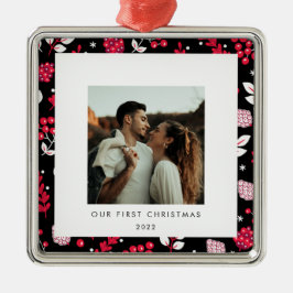 Ornamento De Metal Foto do padrão de Natal russo preto e vermelho