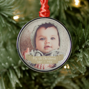Ornamento De Metal Foto do Primeiro Natal do Bebê com Fita Dourada