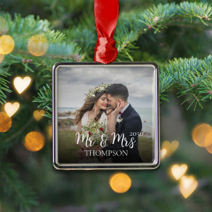 Ornamento De Metal Foto Elegante de Natal Sr. e Sra. Simple
