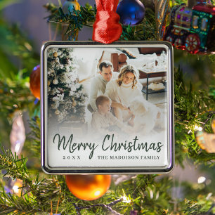 Ornamento De Metal Foto Moderna de Família com Letra Verde de Natal