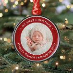 Ornamento De Metal Foto moderna, vermelha e branca, de 1 rua de Natal<br><div class="desc">Celebre as simples alegrias da época de festas com um personagem festivo vermelho e branco de ornamento metálico. A design neutra em termos de gênero é adequada para um novo menino ou menina. Palavras e imagens neste modelo são simples de personalizar. A citação de "Meu Primeiro Natal" é fácil de...</div>