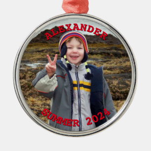 Ornamento De Metal Foto Personalizada da Família de Texto Vermelho Re