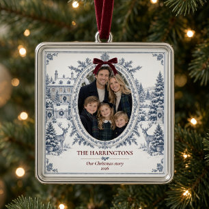 Ornamento De Metal Foto Personalizada da Família Toile de Inverno Azu
