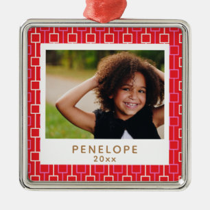 Ornamento De Metal Foto Personalizada do Padrão Vermelho de Natal do