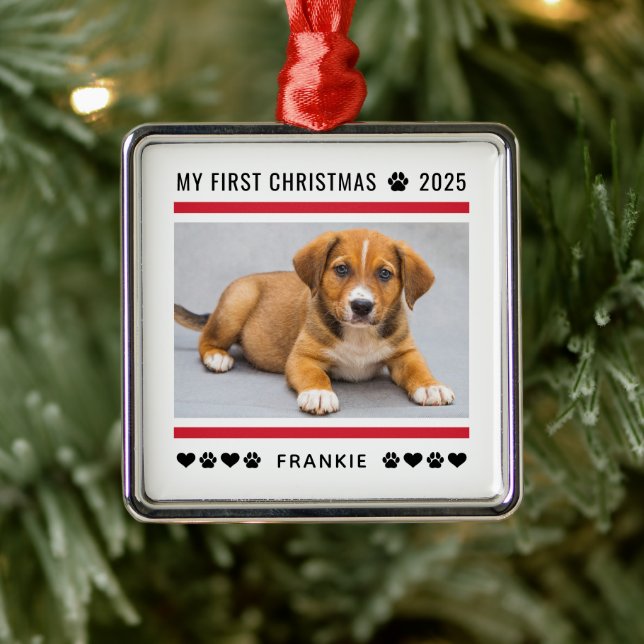 Ornamento De Metal Foto Personalizada Vermelha de Natal Puppy Primeir (Árvore)