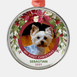Ornamento De Metal Foto: Pet First Christmas Dog Poinsettia Wreath