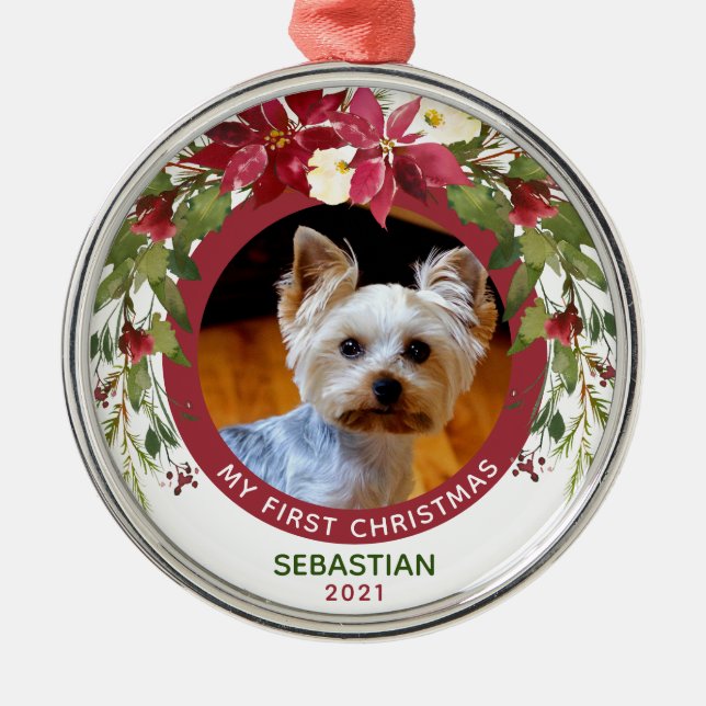 Ornamento De Metal Foto: Pet First Christmas Dog Poinsettia Wreath (Frente)