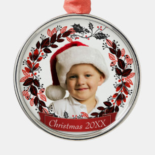 Ornamento De Metal Foto vermelha e preta moderna da grinalda do Natal