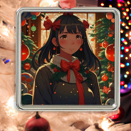 Ornamento De Metal Garota Anime Festiva na Noite de Natal