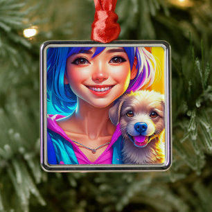 Ornamento De Metal Garota de Anime e Cachorrinho  