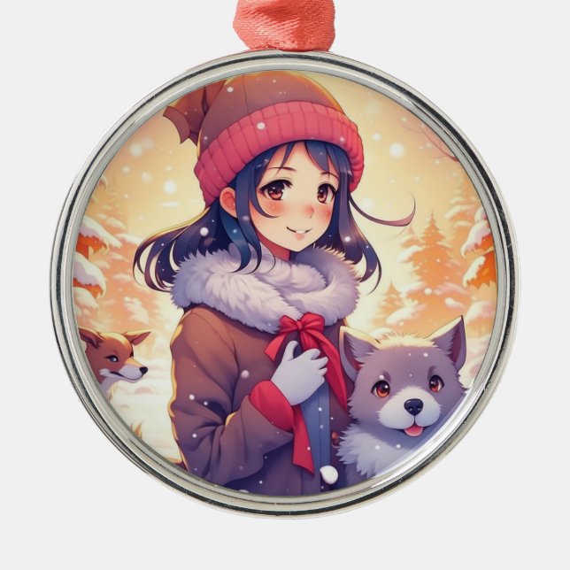Ornamento De Metal Garota de Anime e Cachorros com Fundo de Natal (Frente)