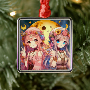 Ornamento De Metal Garota de Anime Hippie Lua Garotas Fazendo Sinal d