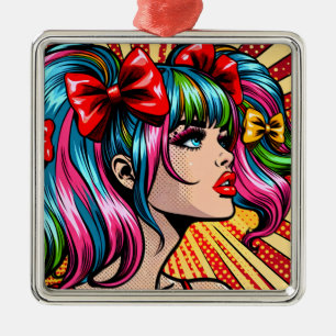 Ornamento De Metal Garota de Quadrinhos de Arte Pop Bonita com Laços