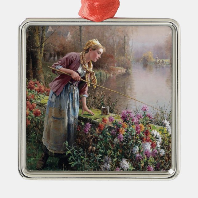 Ornamento De Metal Garota francesa pescando na Bretanha (Frente)