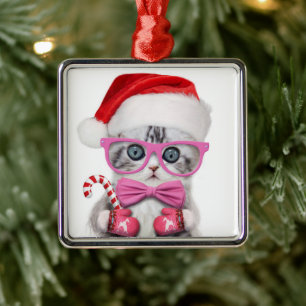 Ornamento De Metal Gatinho de chapéu de Natal