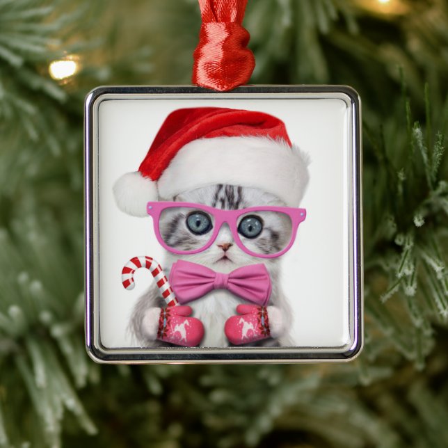 Ornamento De Metal Gatinho de chapéu de Natal (Árvore)