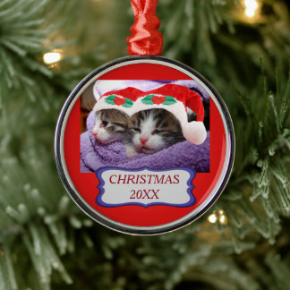 Ornamento De Metal Gatinhos com chapéus de Papai Noel Vermelho no Nat