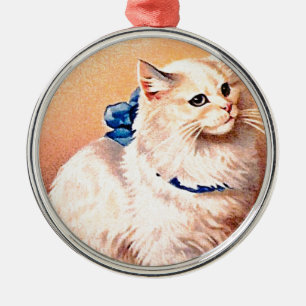Ornamento De Metal Gato Antigo com Laço Azul