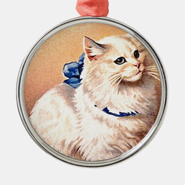 Ornamento De Metal Gato Antigo com Laço Azul (Frente)