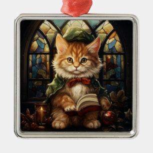 ORNAMENTO DE METAL GATO ATIGRADO LARANJA VIDRO COLORIDO MANCHADO