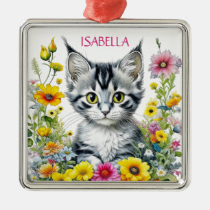 Ornamento De Metal Gato Caprichoso e Flores Personalizado de Natal