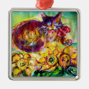 ORNAMENTO DE METAL GATO COM BORRACHA VERMELHA E FLORES