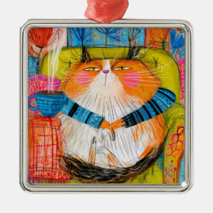 Ornamento De Metal Gato Laranja Malhado Presunçoso Bebendo Café