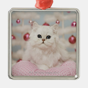 Ornamento De Metal Gato persa que senta-se no travesseiro cor-de-rosa