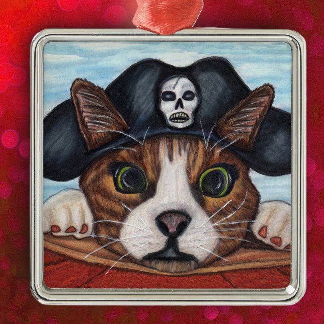 Ornamento De Metal Gato Pirata Surpreendido (cute green eyes cat hanging on boat wearing black pirate hat on hanging ornament.)