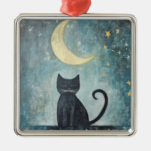 Ornamento De Metal Gato Preto Adormecido com Lua Crescente e Estrelas