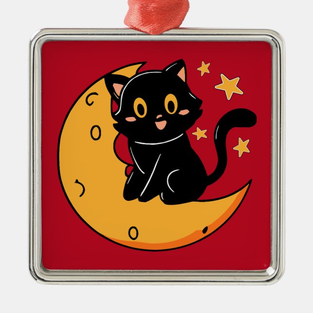 Ornamento De Metal Gato preto bonito sentado na lua (Frente)