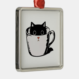 Ornamento De Metal Gato preto com nariz vermelho escondido em um copo