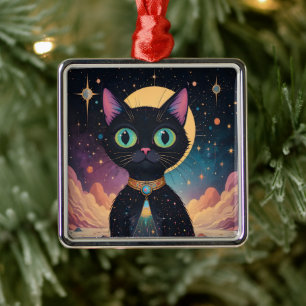 Ornamento De Metal Gato Preto Cósmico Futurista Atômico ao Luar