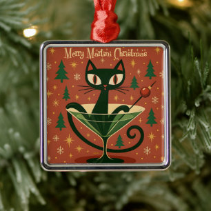 Ornamento De Metal Gato Preto do Meio do Século Feliz Martini Natal